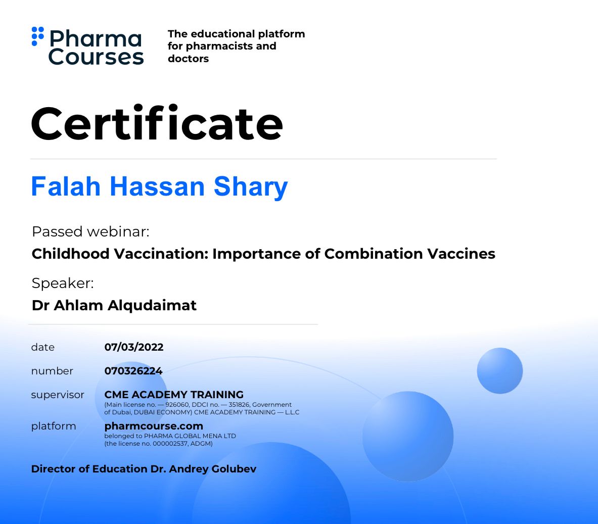 A faculty member at the College of Pharmacy receives a certificate of participation in a scientific workshop on the importance of children's vaccinations